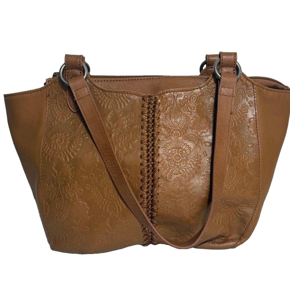 The Sak Tan Embossed Leather Shoulder Bag Tote Whipstitch Accent Boho Western
